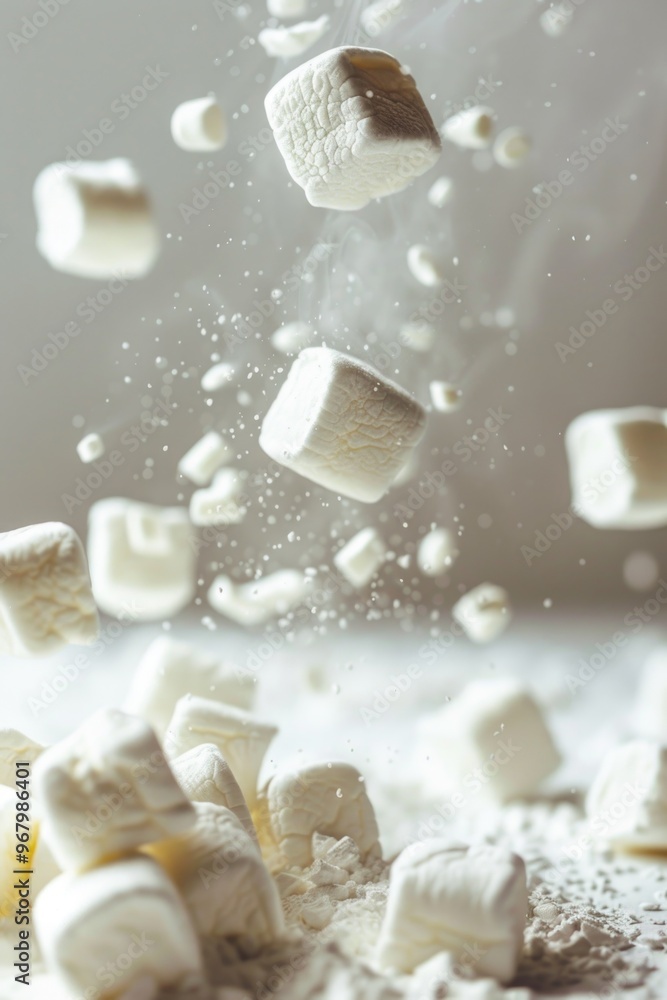 Poster a colorful image of marshmallows in mid-air, suspended by their fluffy texture