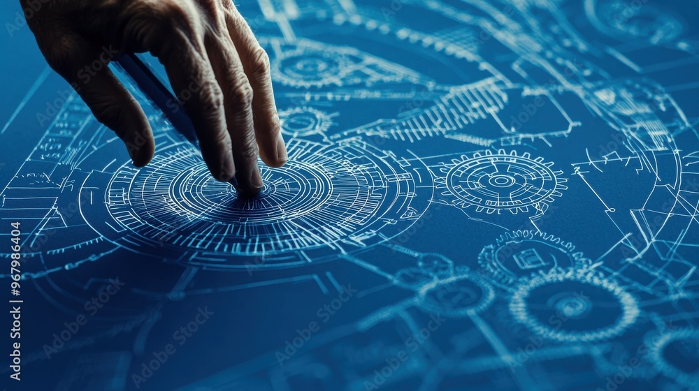 Poster blueprint of achievement: a set of blueprints with abstract gears and arrows, representing strategic