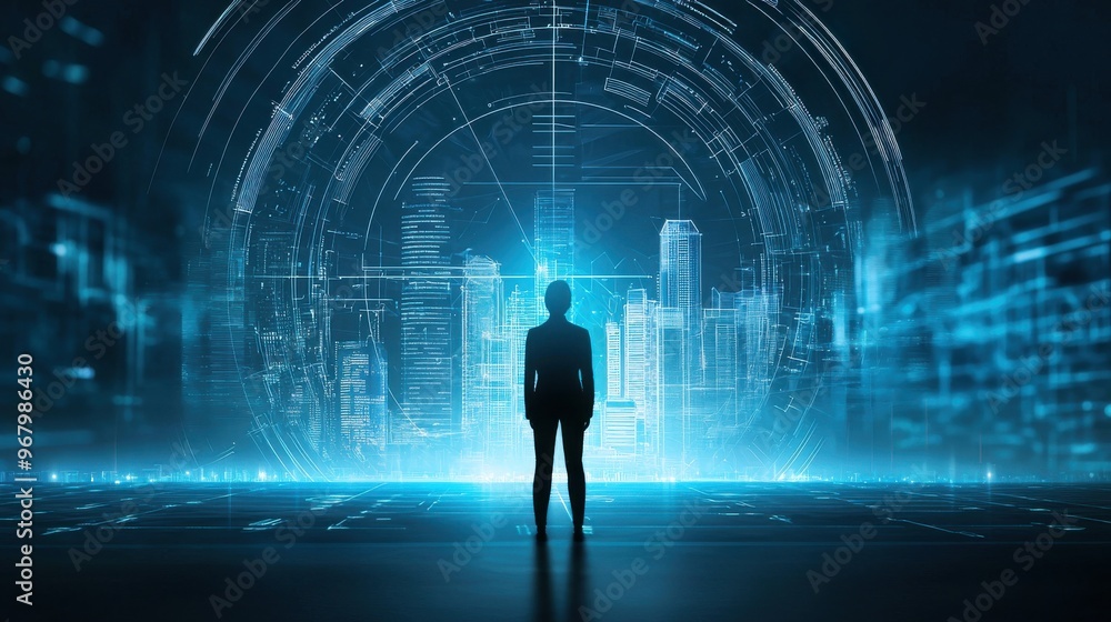Poster blueprint of dreams: an abstract image of a person standing in front of a glowing, futuristic bluepr