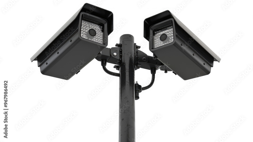 Poster two security cameras mounted on a pole against a white background