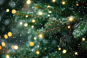 Christmas tree branches with garland and falling snow