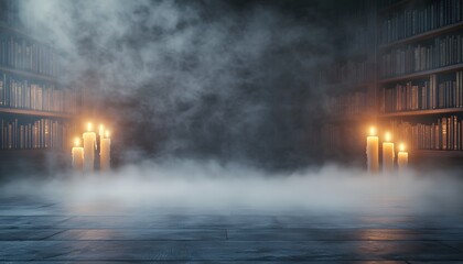 A mystical library scene with glowing candles and fog, creating an enchanting atmosphere of mystery and knowledge.