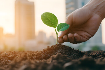 Hand Planting Tree Next to Skyscraper | Sustainable Growth and Urban Social Responsibility