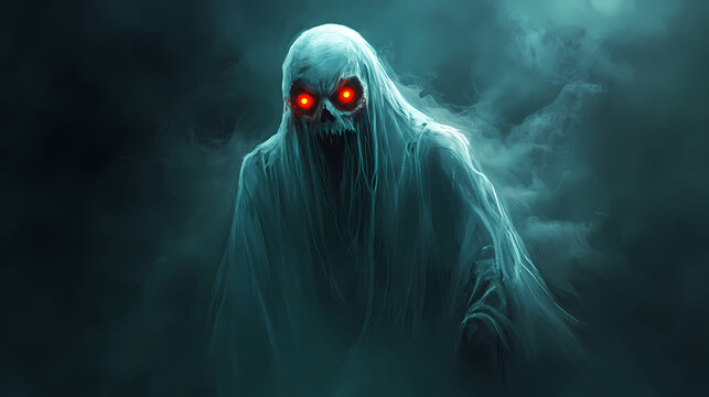 Scary, spooky ghost with red glowing eyes. Ghost. Illustration