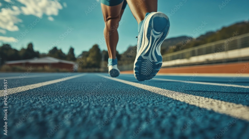 Wall mural A close-up of a runner's legs on a blue track, emphasizing speed and athleticism.