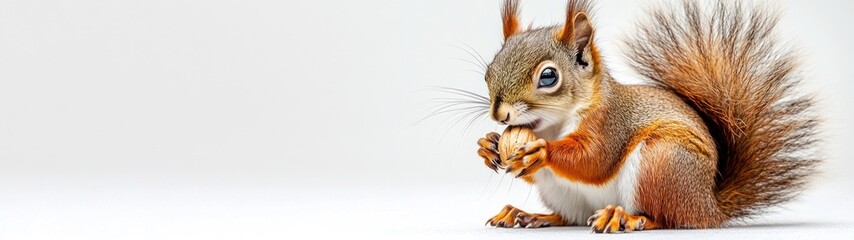 Obraz premium Charming Squirrel Enjoying a Nut, a delightful scene featuring a full-body portrait of a playful squirrel with a nut against a crisp white backdrop, showcasing its adorable features.