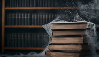 A stack of old books covered in cobwebs, set against a dark library background, evoking an atmosphere of mystery and history.