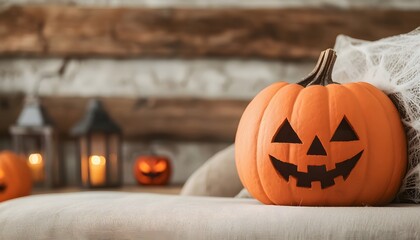 A cheerful Halloween pumpkin with a smiling face, surrounded by cozy candles and rustic decor, perfect for autumn celebrations.