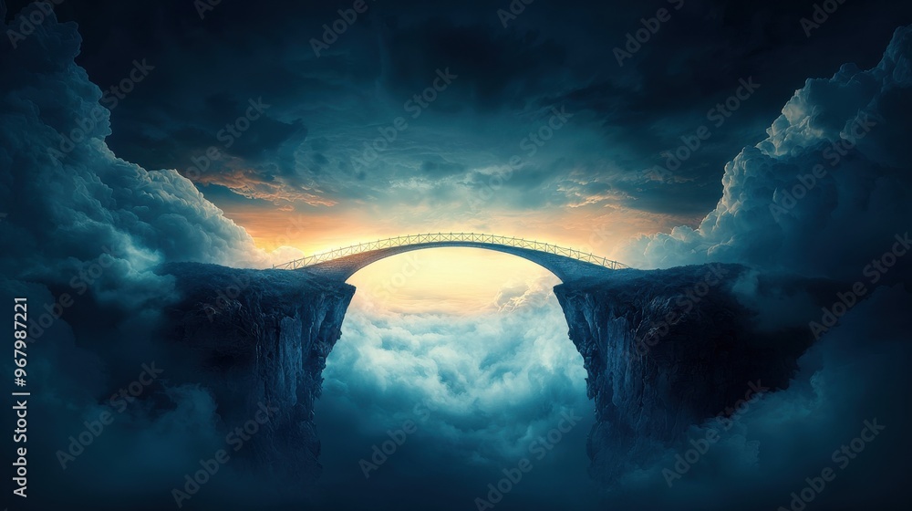 Poster bridge of positive thoughts: an abstract bridge made of light connects two cliffs over a chasm of da