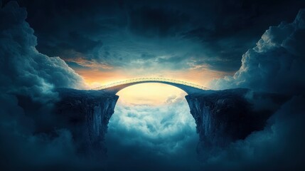 Bridge of Positive Thoughts: An abstract bridge made of light connects two cliffs over a chasm of dark clouds, symbolizing how positive thinking helps overcome challenges