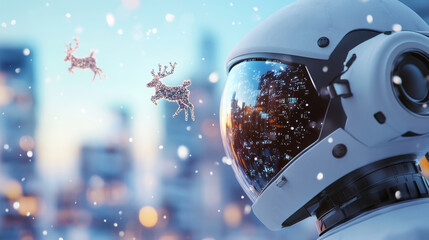 A futuristic robot helmet showcases vibrant cityscape with skyscrapers, while reindeer float gracefully in snowy atmosphere, creating magical scene