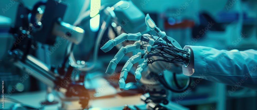 Poster a close-up of a robotic hand interacting with advanced technology in a laboratory setting, showcasin