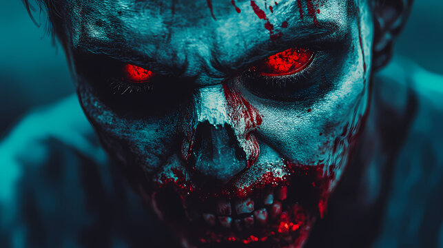 Scary zombie with bloody face closeup. evil, demon, skull and monster. Vampire. Illustration