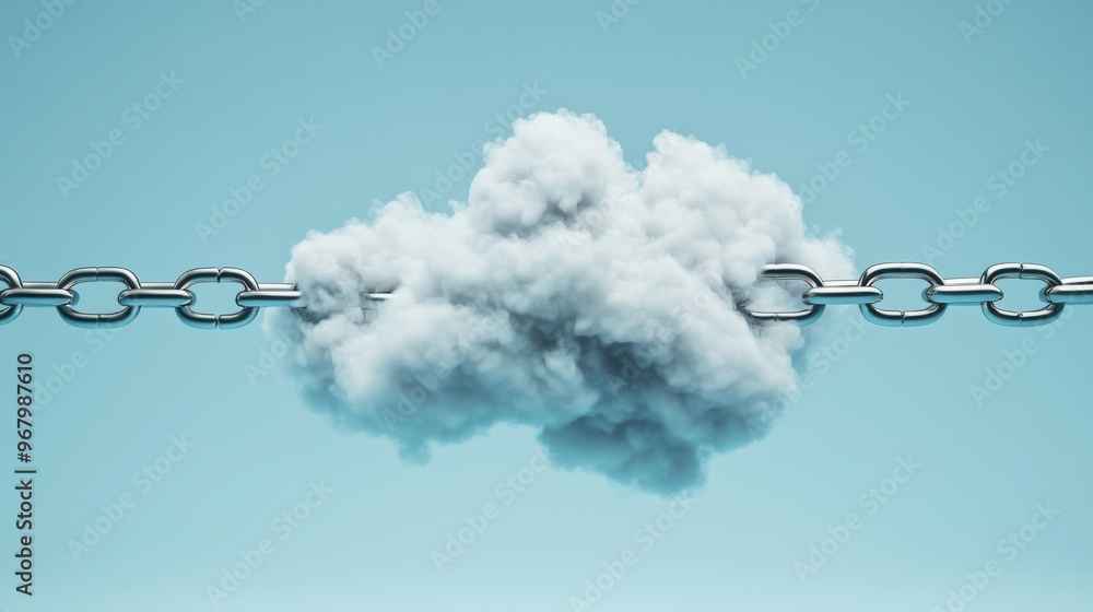 Poster broken chains of speech: a chain of words floating in the air, with one side connecting to a cloud o