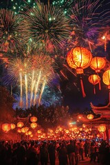 Obraz premium Fireworks and Glowing Lanterns Illuminate Night Sky at Vibrant Lantern Festival Celebration