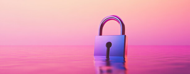 A wide view of floating digital lock in serene waters, symbolizing security and vulnerability against vibrant sunset backdrop. scene evokes sense of calm yet highlights importance of protection