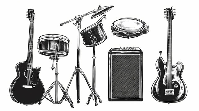 Set of electric acoustic guitars, amplifiers and drums with cymbal on monochrome. Monochrome. Illustration