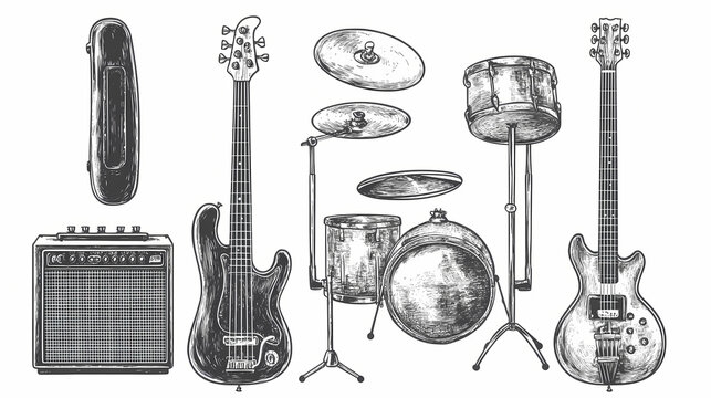 Set of electric acoustic guitars, amplifiers and drums with cymbal on monochrome. Monochrome. Illustration