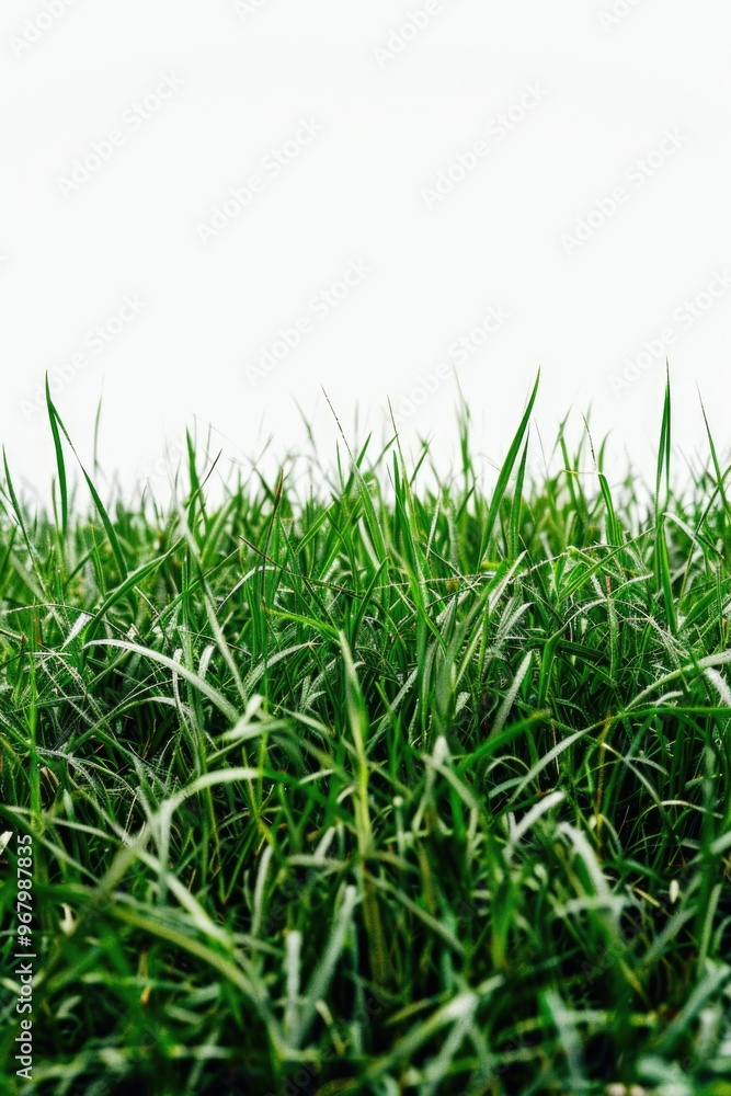 Poster Landscape photo of a bright green grass field against a clear blue-white sky, perfect for outdoor or nature-themed projects