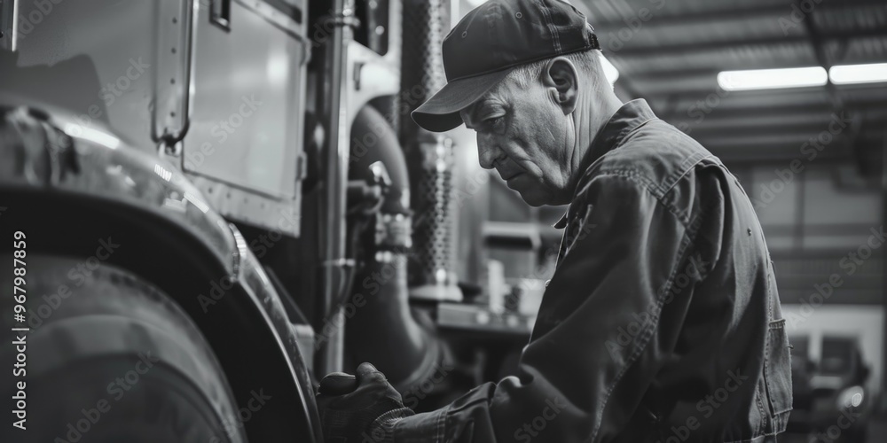 Poster a person repairs a vehicle in a mechanical workshop, suitable for use in illustrations about diy pro