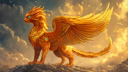 Set of mythical creatures like phoenixes and sphinxes in a mystical Sphinx. Illustration