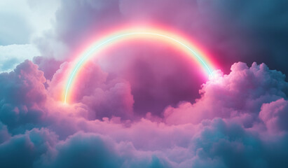 A rainbow arching in pink clouds, rendered photorealistically