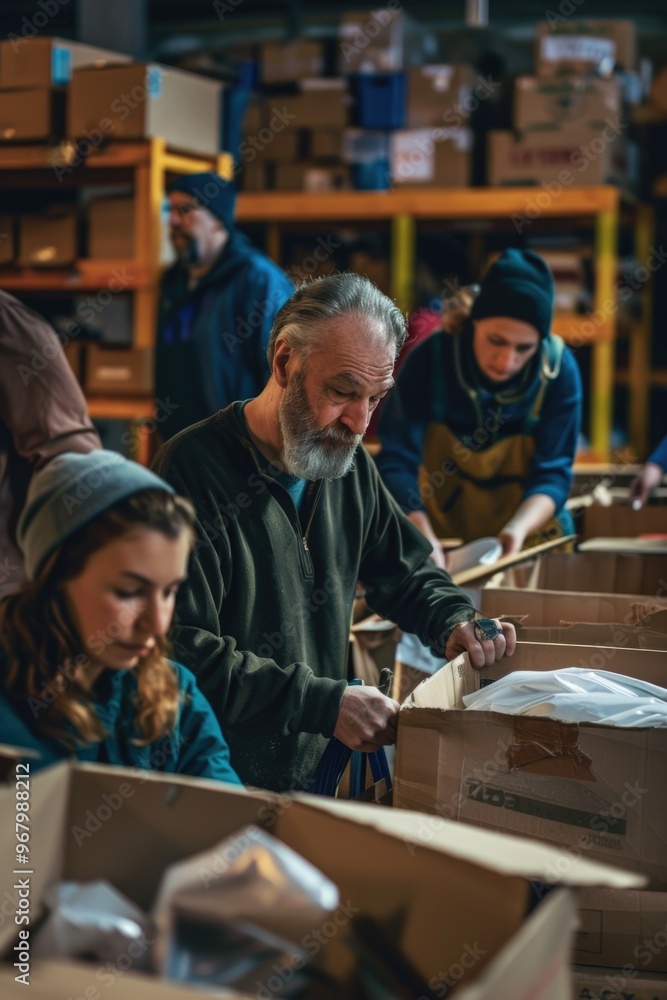 Poster people gathering around storage containers in a warehouse setting