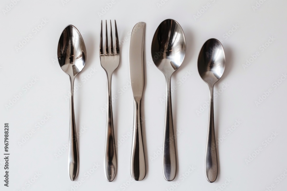 Poster A set of silverware arranged neatly on a white surface, perfect for use in food styling and photography