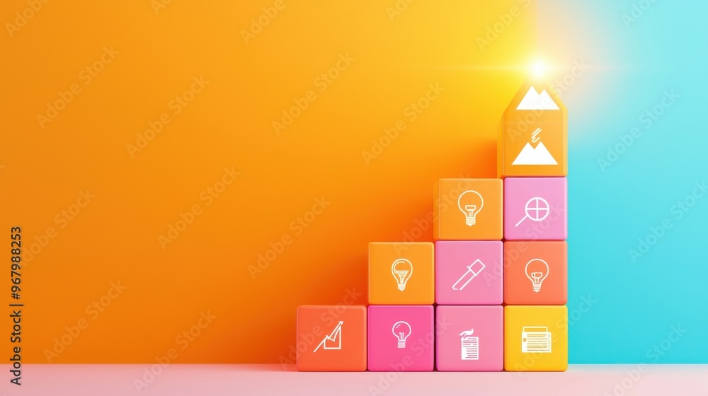 Poster building blocks of achievement: a set of colorful blocks arranged in ascending order, forming a stai