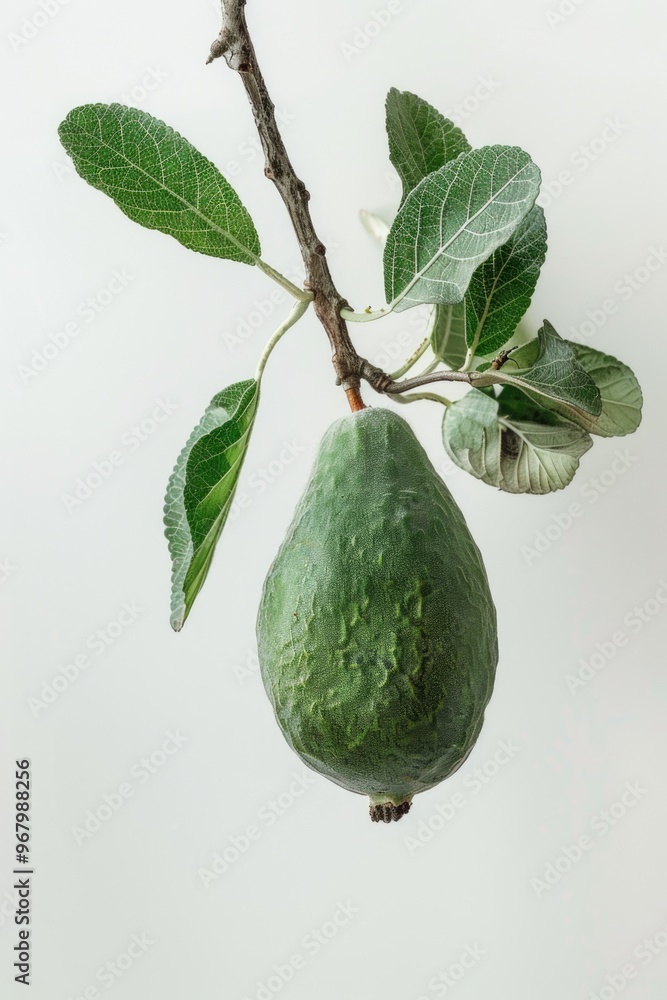Poster A single green fruit hangs from a tree branch in a natural setting