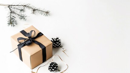 Minimalistic composition with wrapped gift, ribbons and pine cones. New Year's theme with big copy space on a white background.
