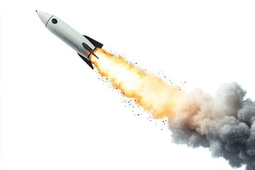 Powerful rocket launch with white smoke and fiery trail, high in the sky.
