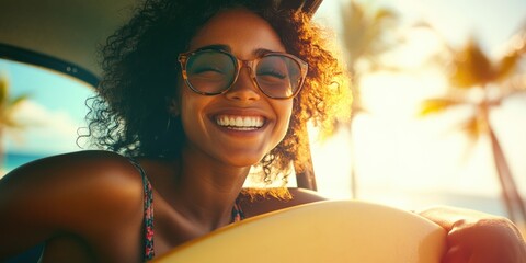 Woman driving a car with sunglasses on, smiling and enjoying the sunny day. A carefree summer vibe. Holiday spirit.