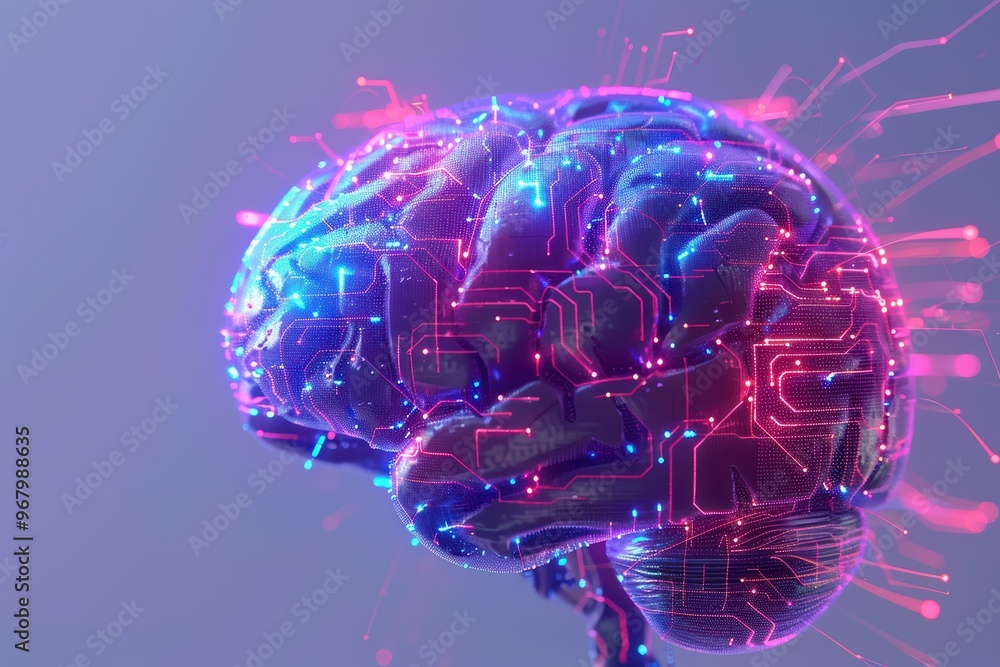 Poster a futuristic depiction of a brain with neon circuit patterns, symbolizing artificial intelligence an