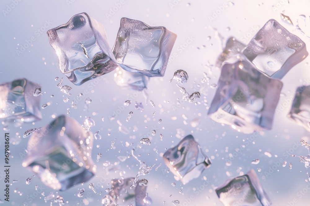 Poster frozen ice cubes suspended in mid-air, no container or surface visible