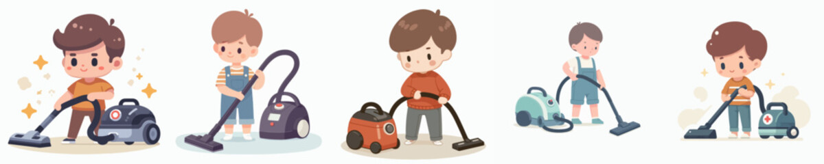 vector set of little boy using vacuum cleaner