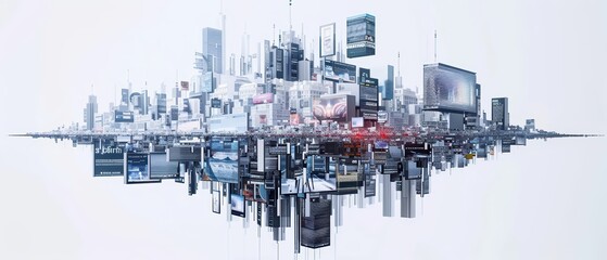 Naklejka premium A futuristic cityscape with digital billboards and skyscrapers in a surreal, floating design, showcasing innovation and technology.
