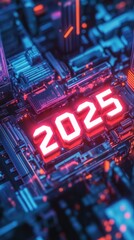 A striking wallpaper displays advanced circuitry with bright neon '2025' text, creating a futuristic aesthetic for tech enthusiasts