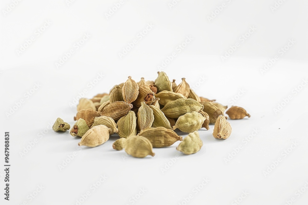 Poster freshly harvested cardamom seeds on a white surface, ideal for use in recipes or as a decorative ele