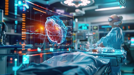 Obraz premium A futuristic medical scene featuring a surgeon using virtual technology to analyze a holographic heart display.