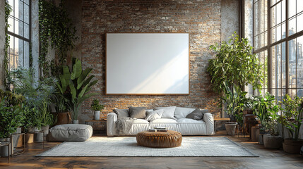 A modern living room with a large blank canvas, a white sofa, and an abundance of greenery.