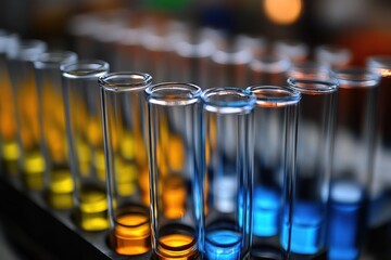 Test tubes filled with liquids of different colors arranged in a lab setting