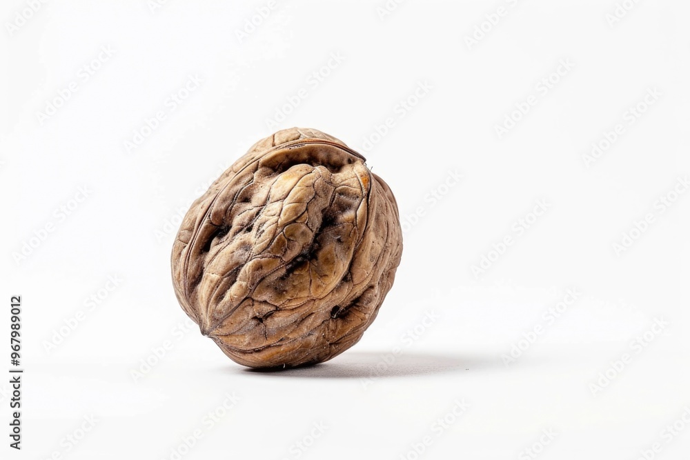 Poster a single walnut shell on a clean white surface