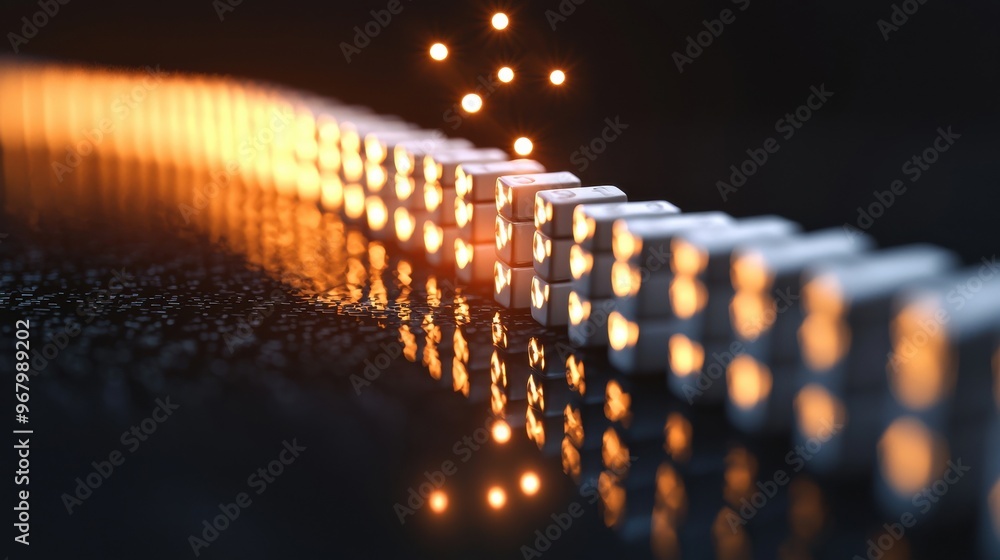 Poster cascading domino effect: a sequence of small dominos, each slightly larger than the previous one, fa