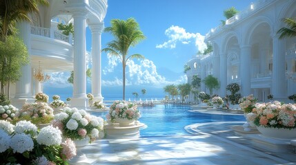 Fototapeta premium A serene setting featuring a pool, palm trees, and vibrant flowers