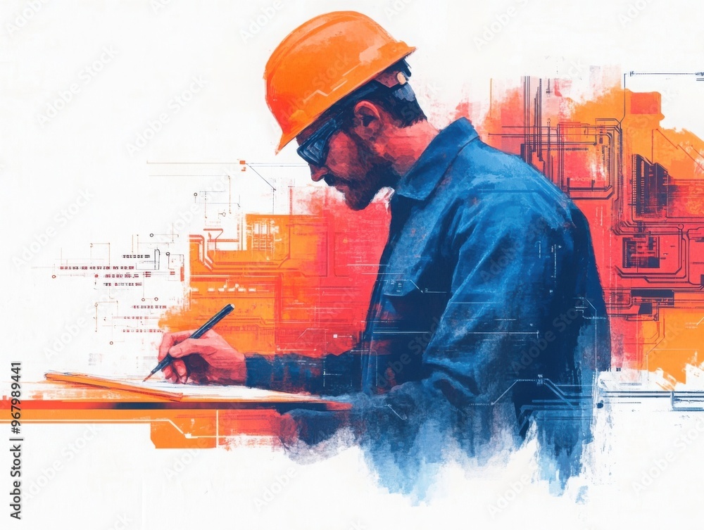 Poster a detailed watercolor of an engineer sketching a circuit design, colorful diagrams and tools symboli