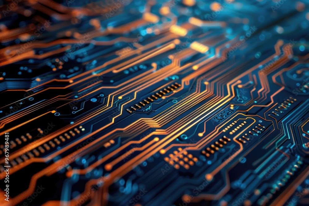 Poster Close-up view of electronic components on a printed circuit board, useful for technology and engineering illustrations