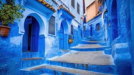 Naklejka premium A picturesque blue alleyway in a charming town, showcasing vibrant architecture and steps.