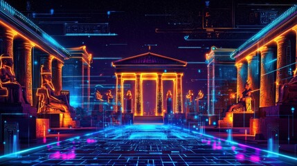 A sleek historical tour with interactive digital history timelines and neon-lit ancient sites promoting educational travel style, isolated background