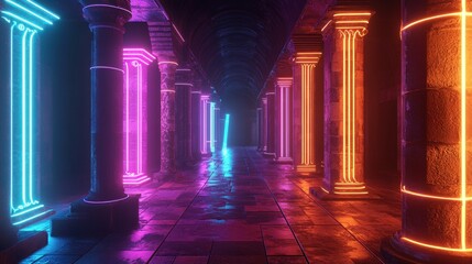 A sleek historical tour with interactive digital history timelines and neon-lit ancient sites promoting educational travel style, isolated background